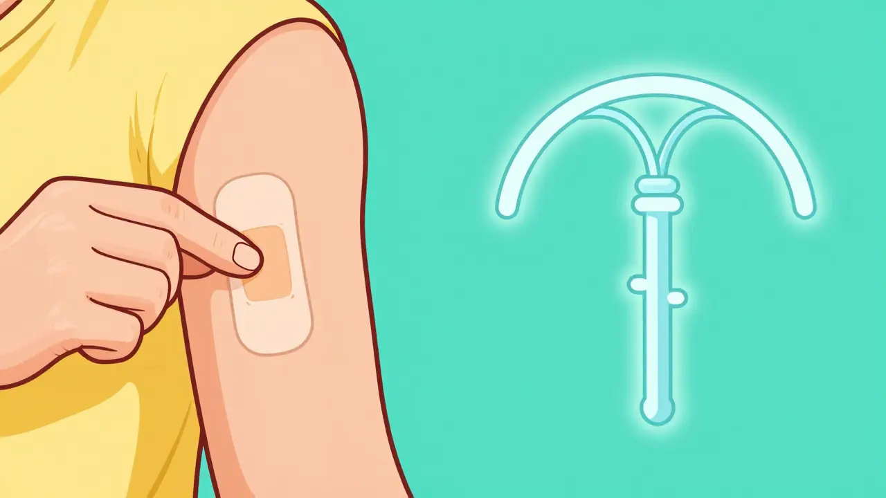 Graphic comparison between a contraceptive patch and a long-term IUD device.