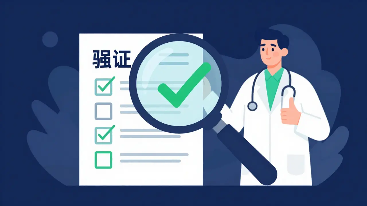 Graphic illustration of a magnifying glass verifying a medical prescription with a green checkmark.