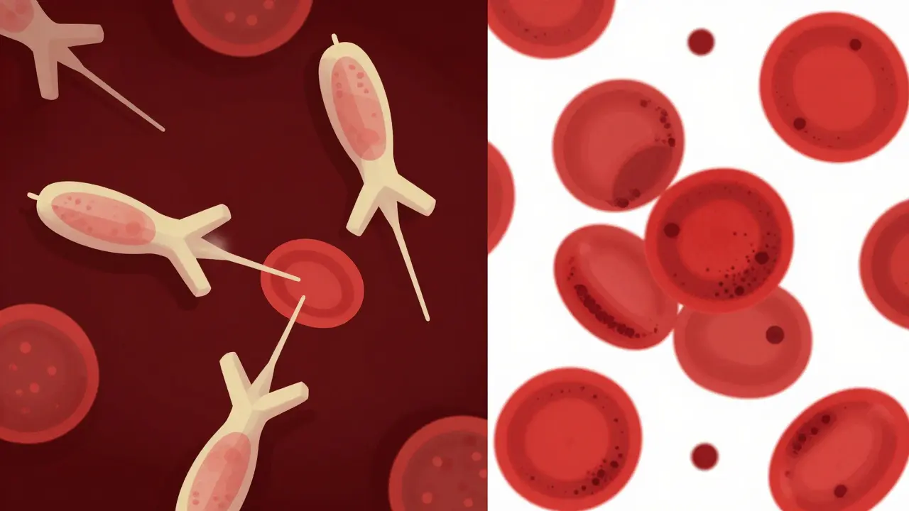 Graphic showing immune-mediated and oxidative destruction of red blood cells.