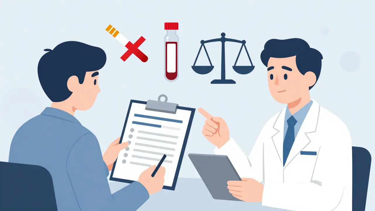 Illustration of a doctor and patient monitoring medication levels with a balance scale icon.
