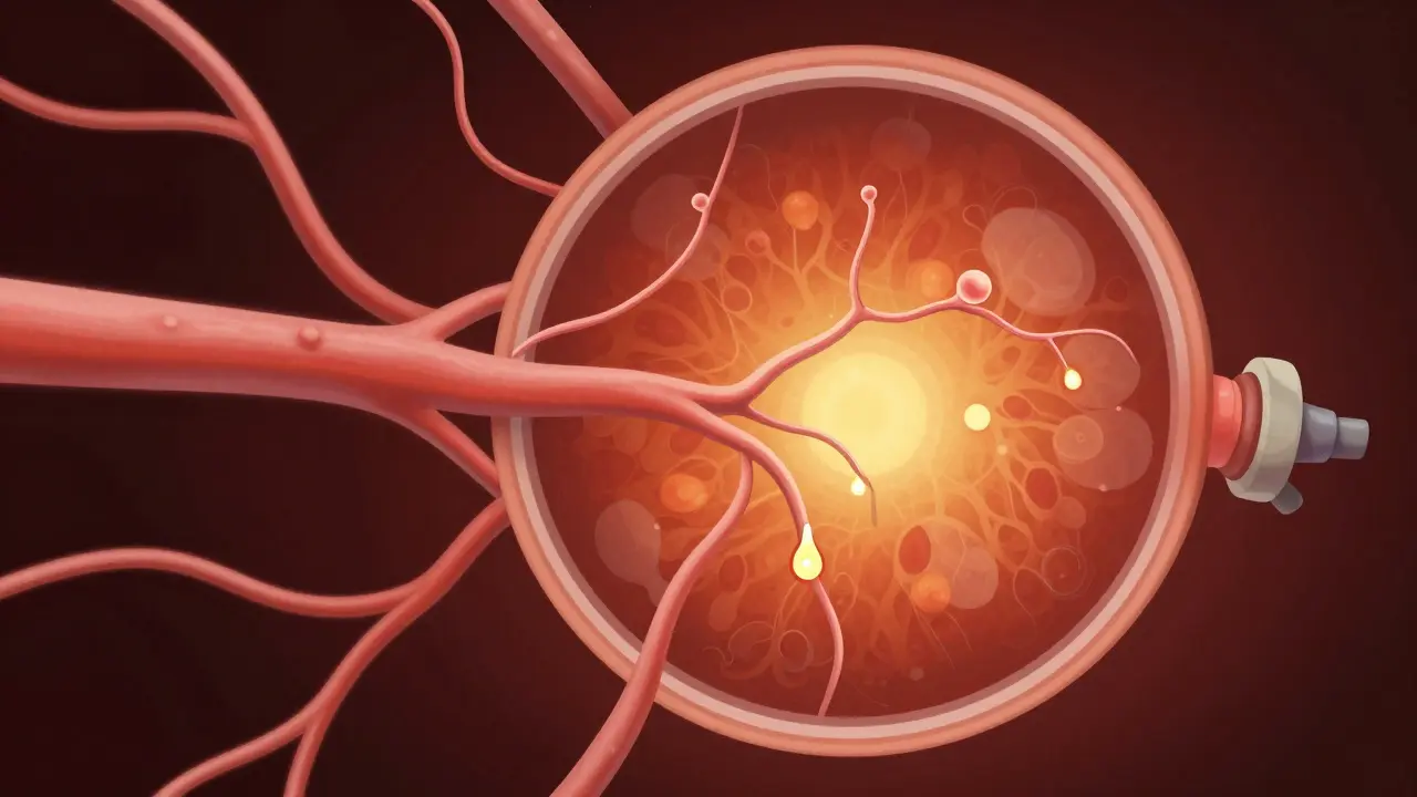 Illustration of retinal blood vessels with leaking microaneurysms.