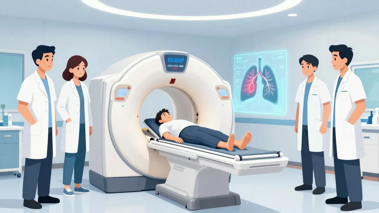 Medical team performing a CT scan to diagnose a pulmonary embolism