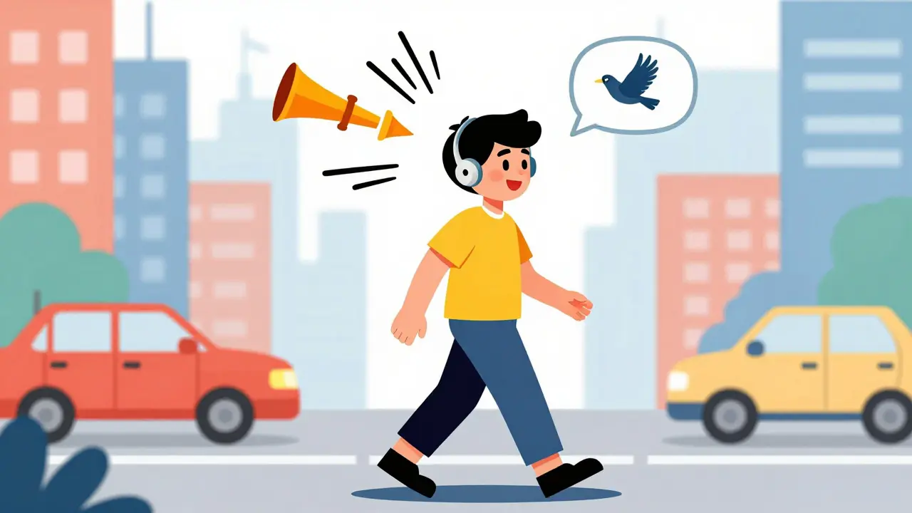 Person in a city enjoying a variety of sounds, representing successful sound localization and hearing.