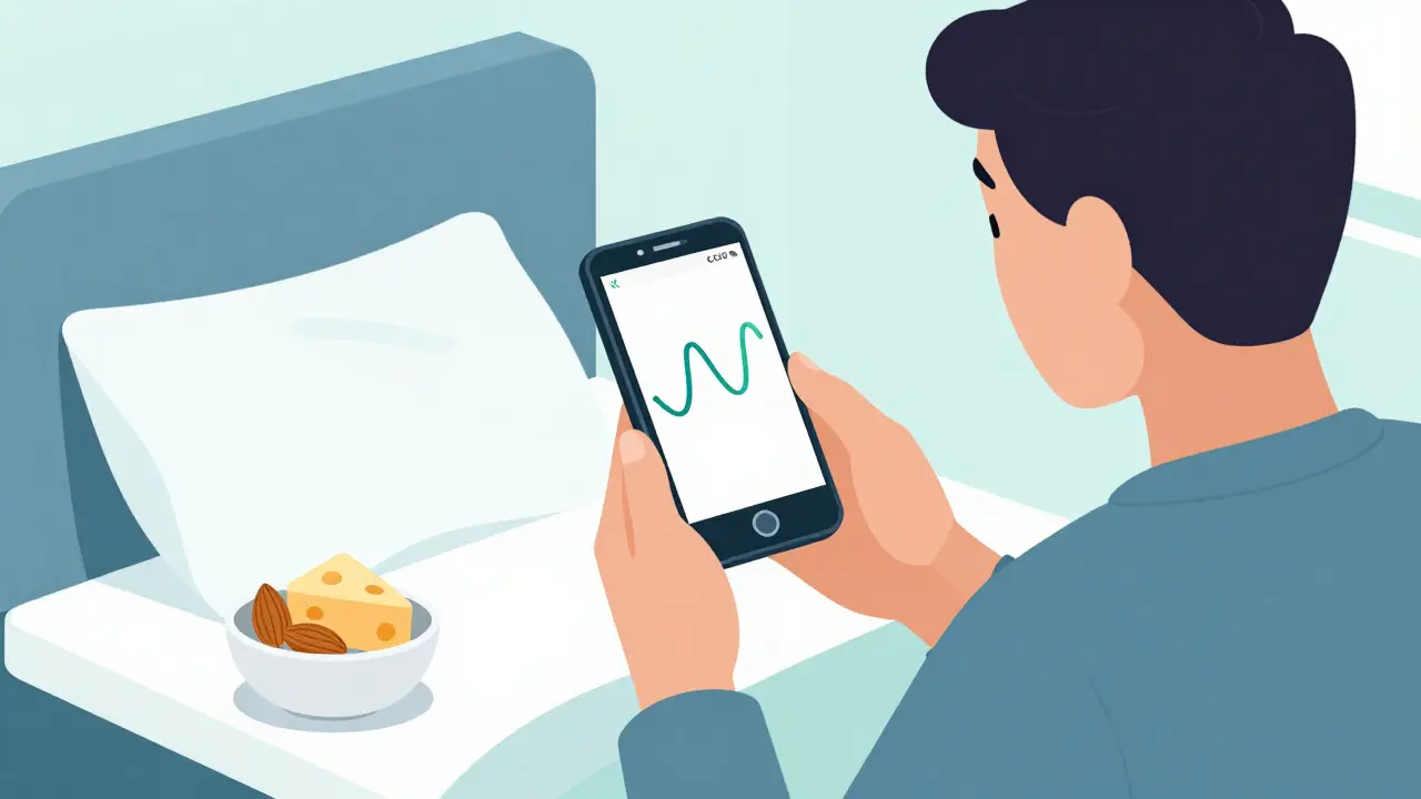 Person monitoring a stable glucose trend on a smartphone with a healthy snack nearby