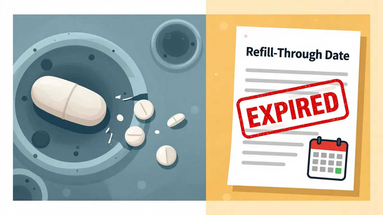 Split illustration showing a fading pill for expiration and a stamped document for refill deadlines