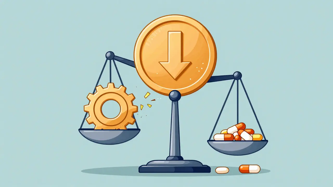 Abstract illustration of cost-cutting pressure breaking drug quality standards