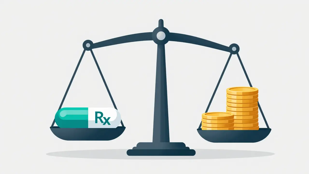 Balance scale showing savings with generic medicine