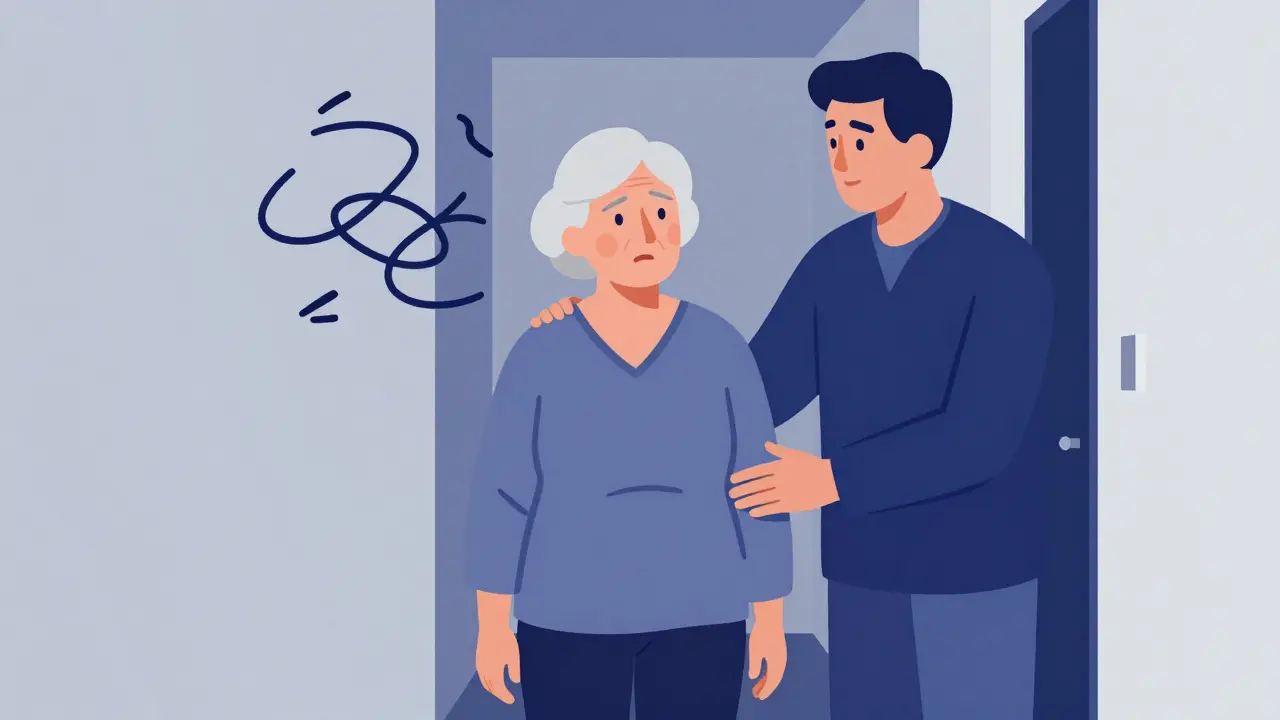 Caregiver guiding disoriented woman, representing middle-stage challenges