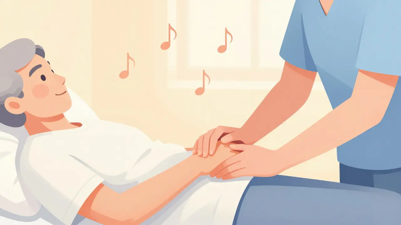Caregiver holding patient's hand with music, showing late-stage comfort
