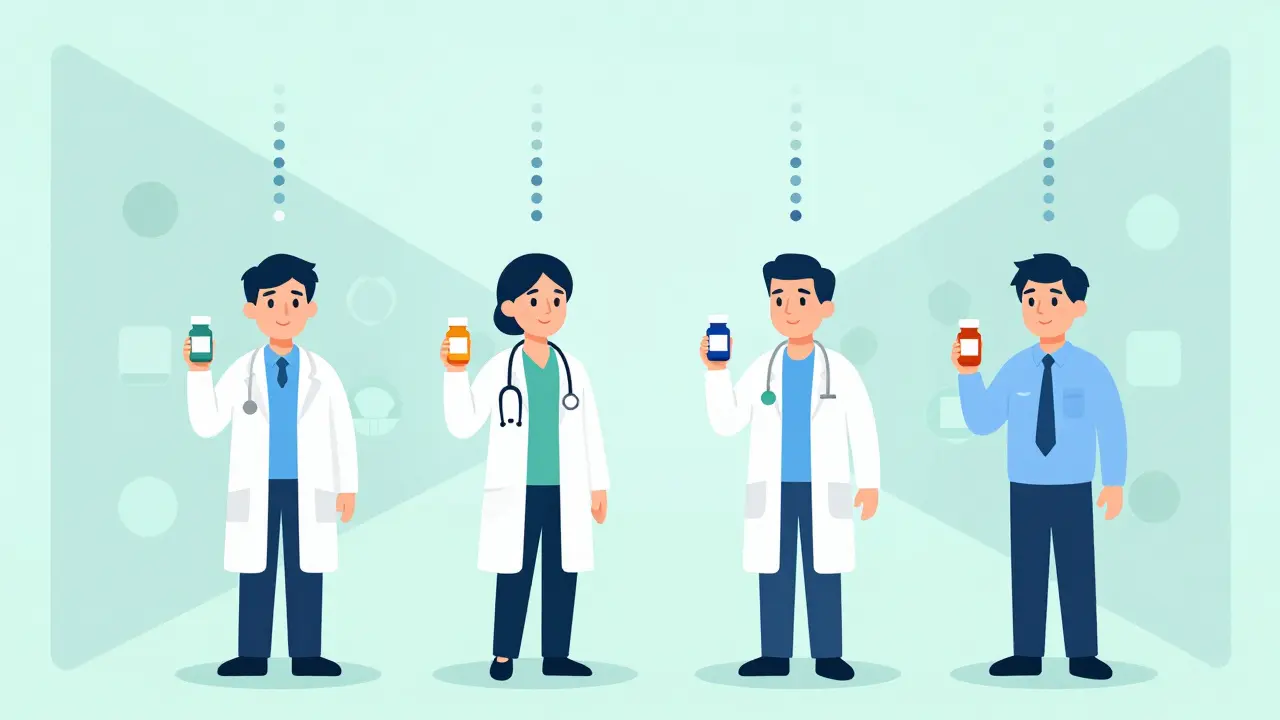 Cartoon of four patients in a clinical trial representing strict bioequivalence testing.