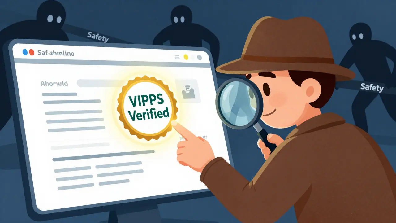 Cartoon showing how to verify safe online pharmacies with seals