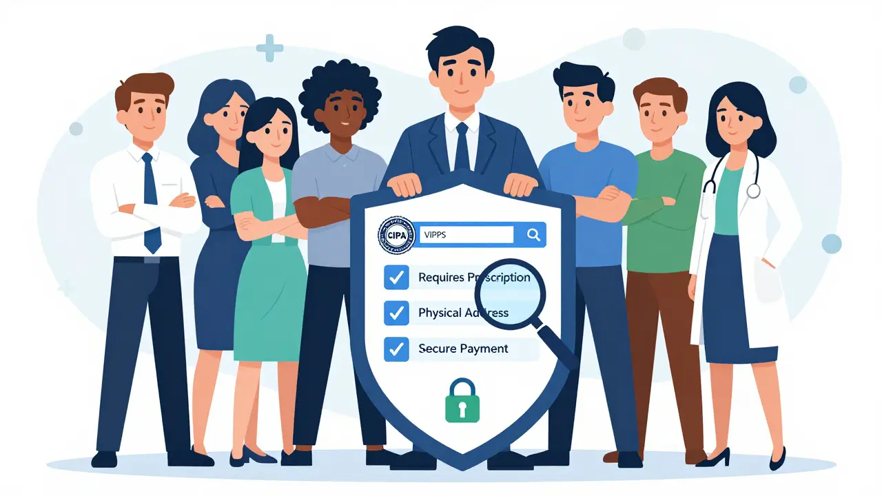 Characters verifying safe online pharmacy certifications and security features