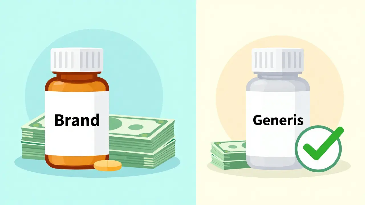 Comparison illustration showing generic pills are cheaper than brand name