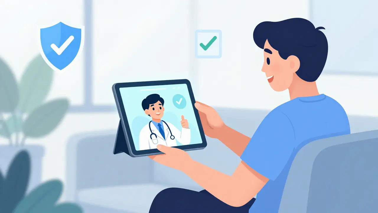 Illustration of a patient having a safe telehealth video consultation