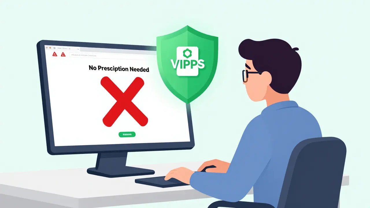 Illustration warning against shady no-prescription drug websites.