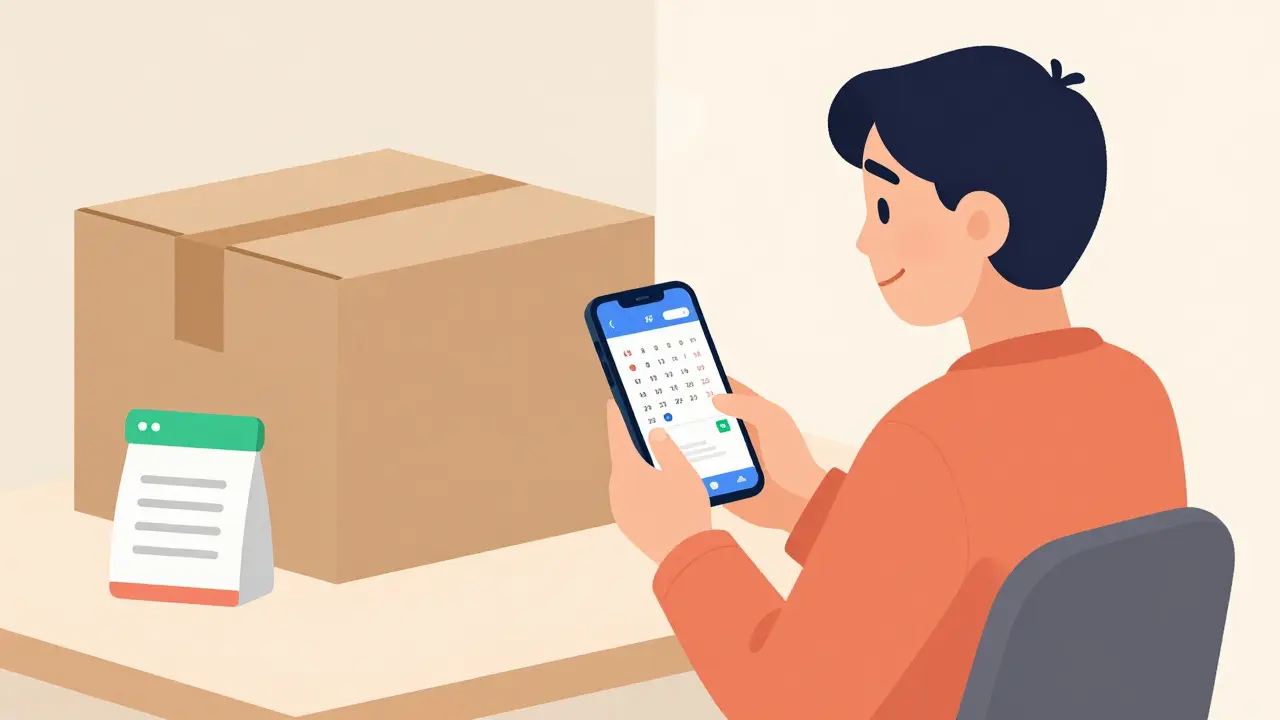Person planning refills with phone and medication boxes
