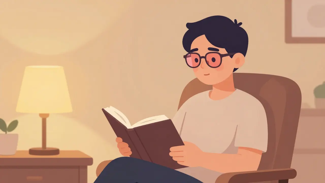 Person wearing rose-tinted glasses in a warmly lit, comfortable room.