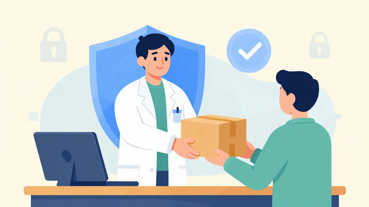 Pharmacist handing secure package to customer, symbolizing safe online order