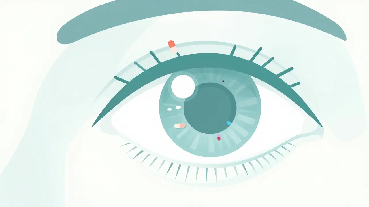 Stylized eye with floating pills causing visual distortion and halos.