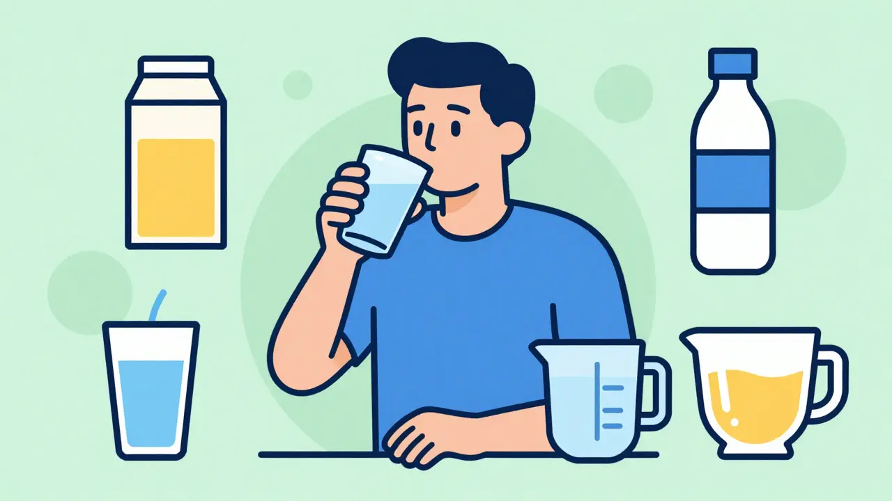Cartoon showing hydration options like water and juice for diabetics