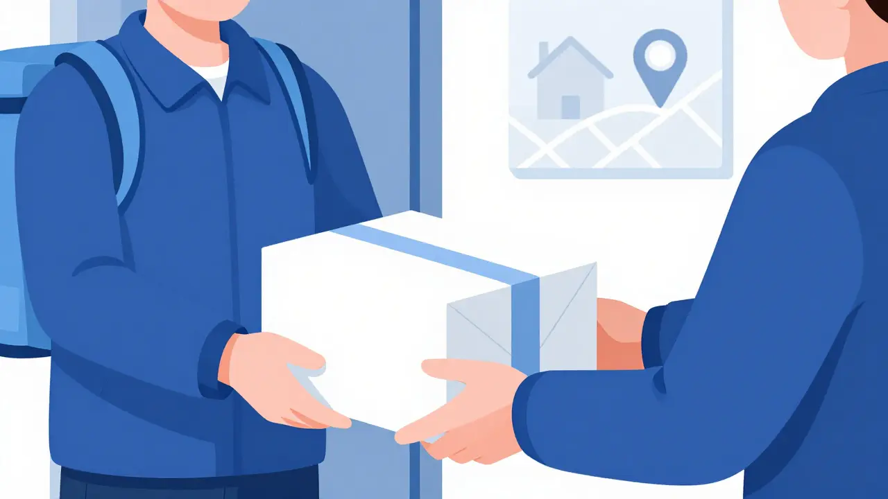 Delivery person handing a medication package to a customer at their front door.