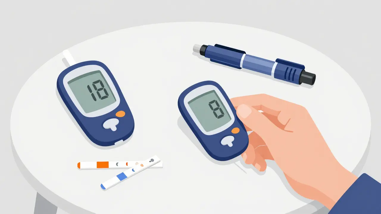Flat design of diabetes sick day kit with meter and insulin