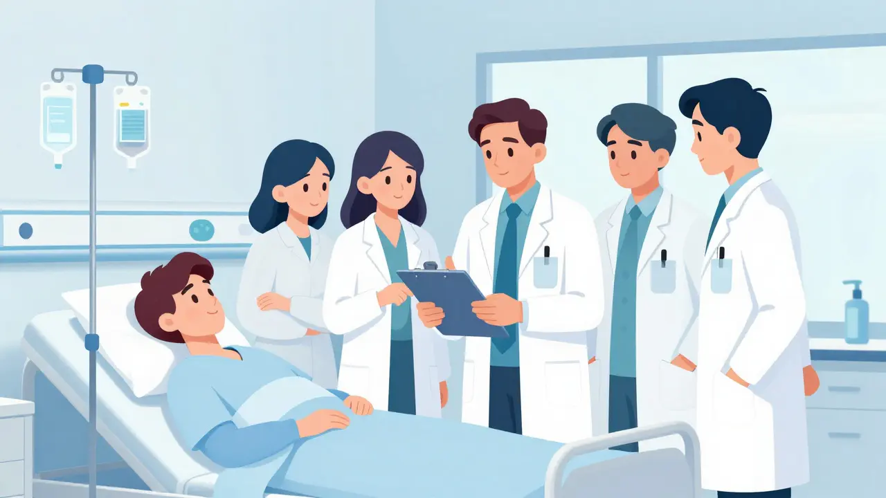 Illustration of medical team discussing drug therapy beside a hospital bed