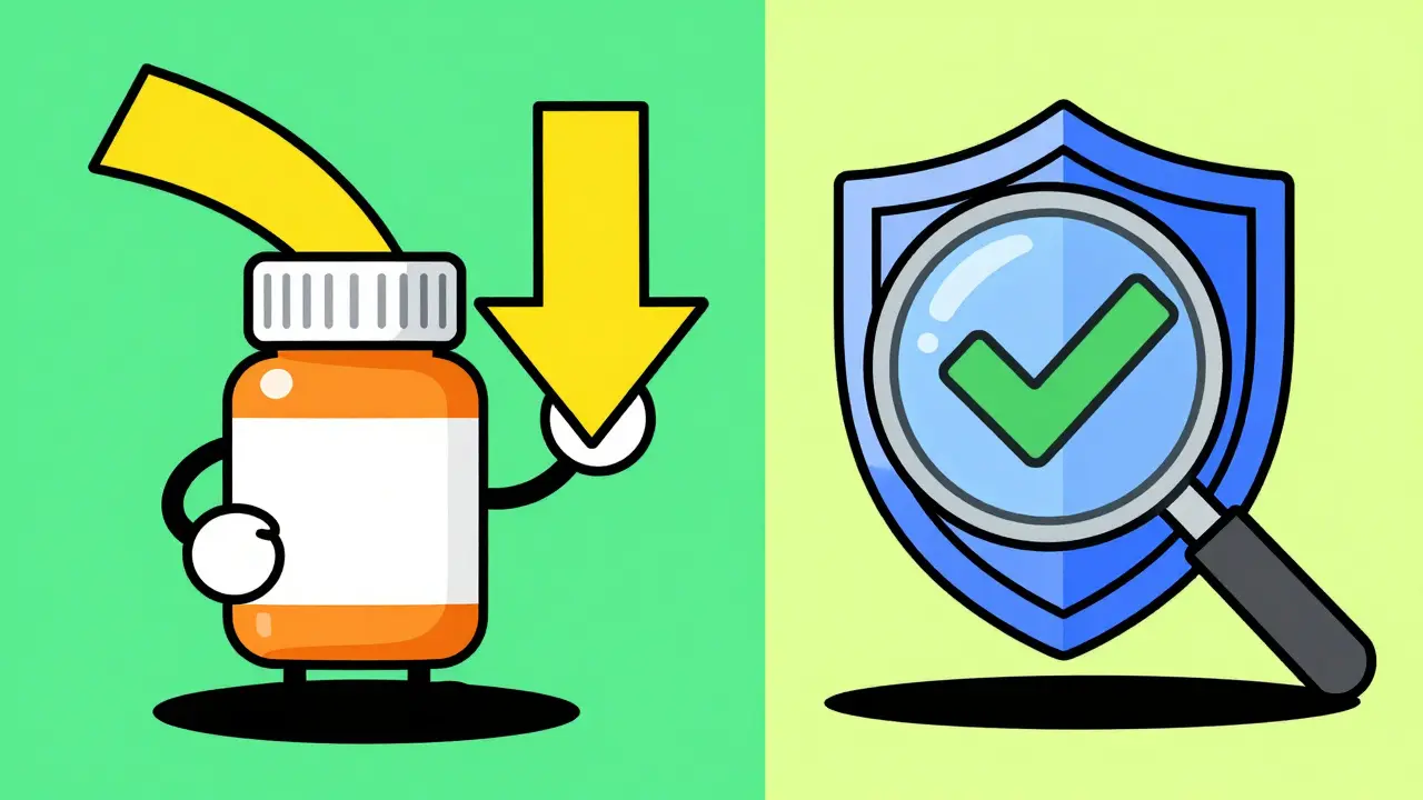 Illustration showing cost savings with a pill bottle and safety verification with a shield.