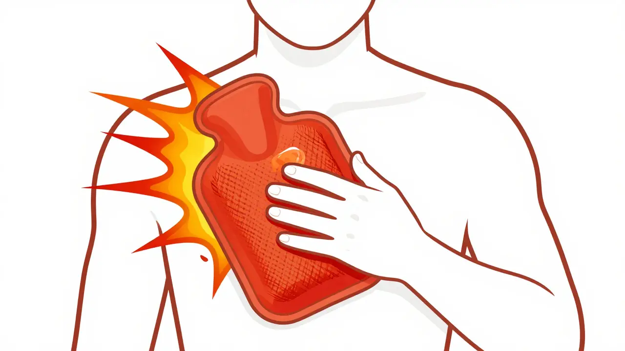 Illustration showing danger of using heating pad with menthol cream causing burns