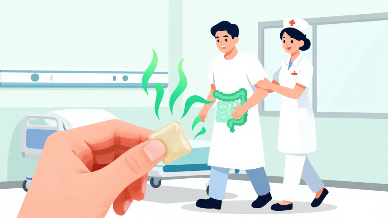 Patient walking with nurse and chewing gum to aid recovery