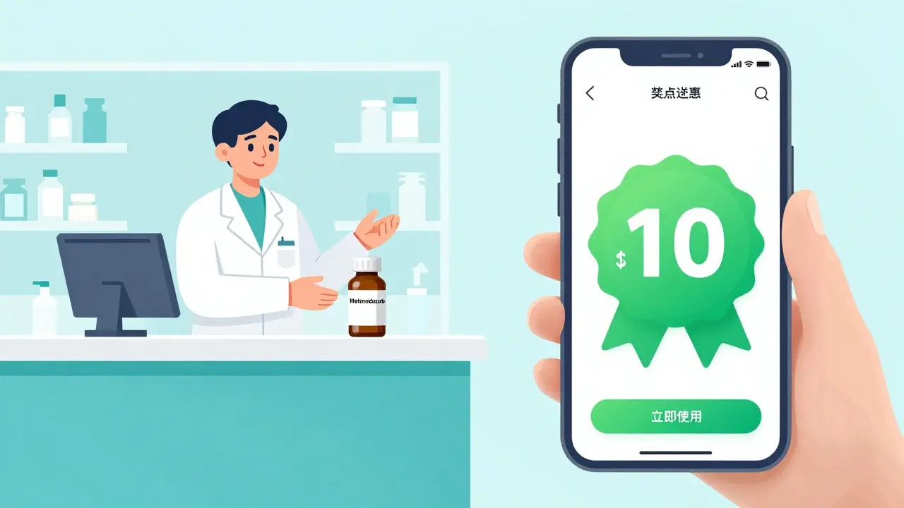 Pharmacy counter and phone app showing medication discounts