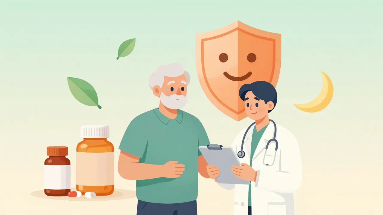 Senior protected by shield reviewing meds with healthcare provider