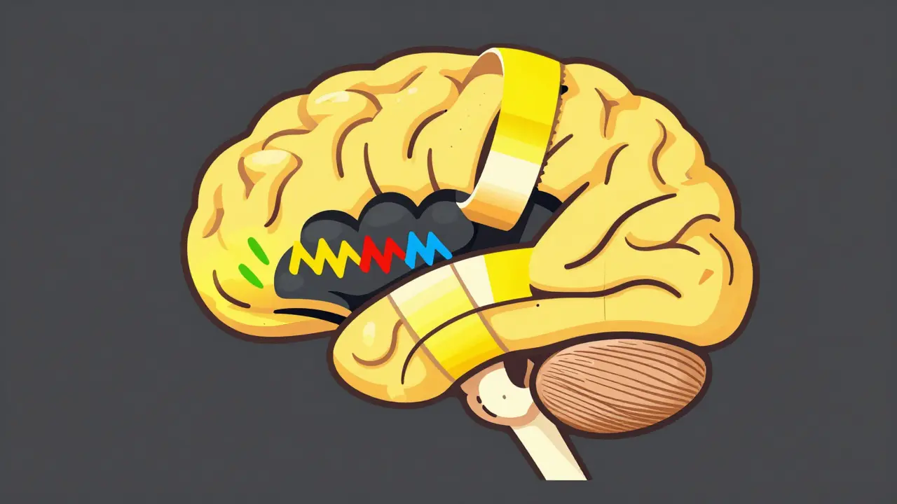 Stylized brain with taped receptors blocking chemical signals