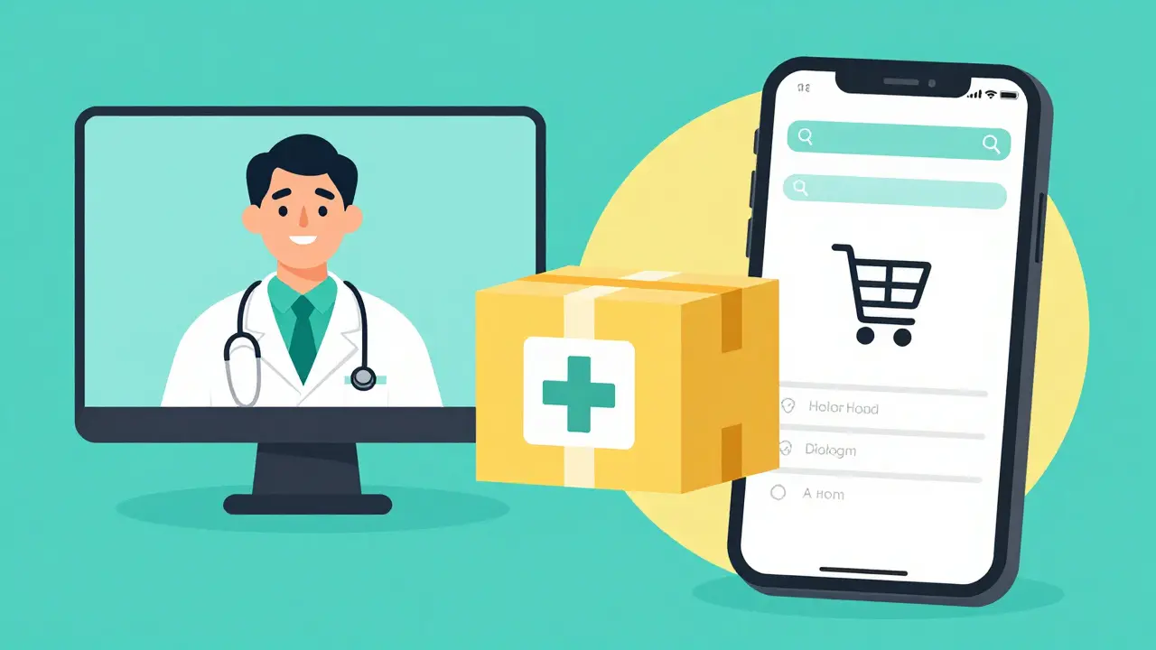 Telemedicine consultation and online pharmacy delivery illustration