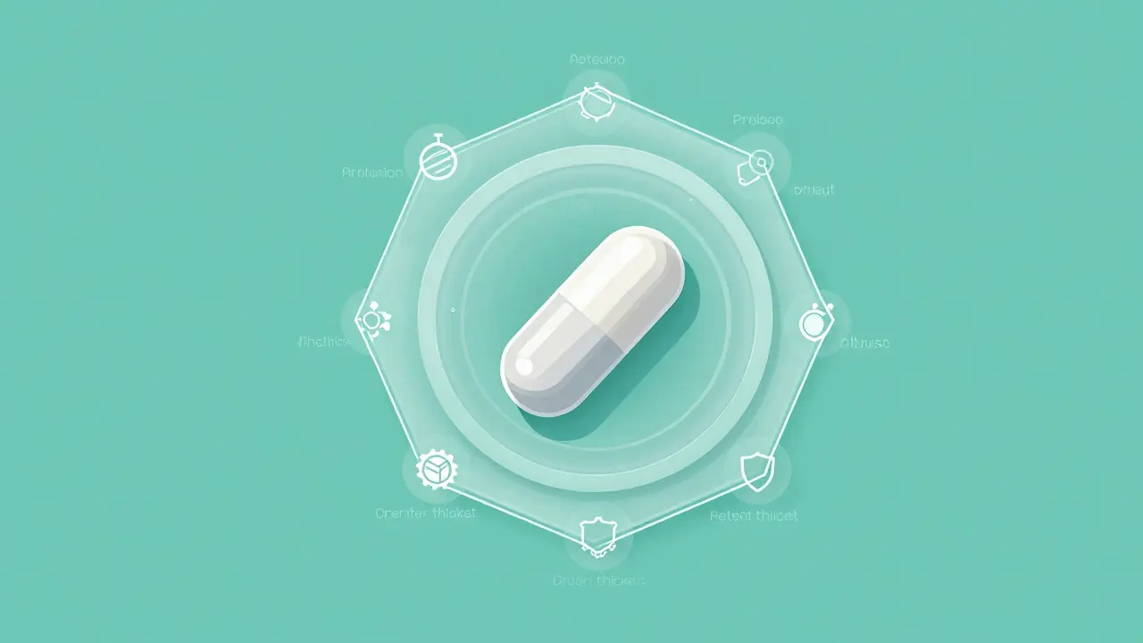 White capsule surrounded by layered geometric shapes representing patents