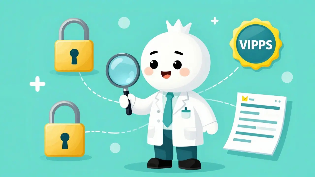 Cartoon pharmacist checking security badges and encryption on a website
