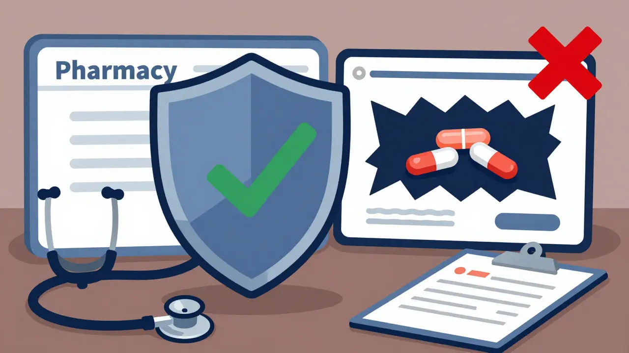 Cartoon showing safe online pharmacy vs counterfeit warning