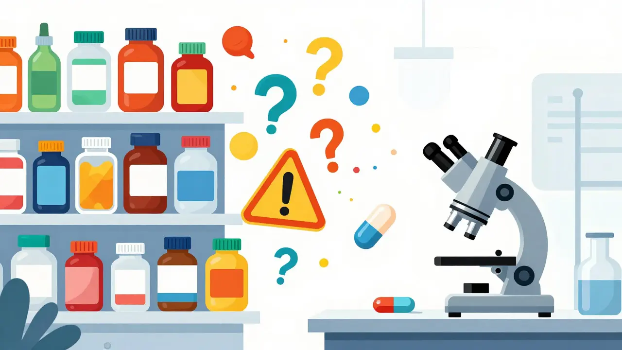 Cartoon showing unregulated supplements vs tested pharmaceuticals