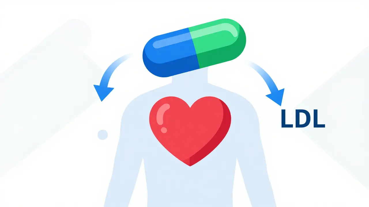 Combined pill capsule hovering over a healthy heart, symbolizing dual therapy.