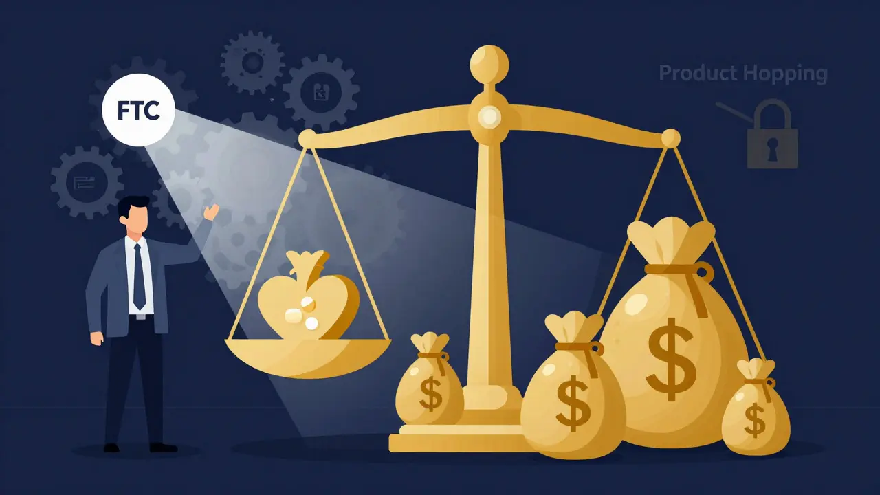 Conceptual art showing financial gains outweighing patient health in drug pricing