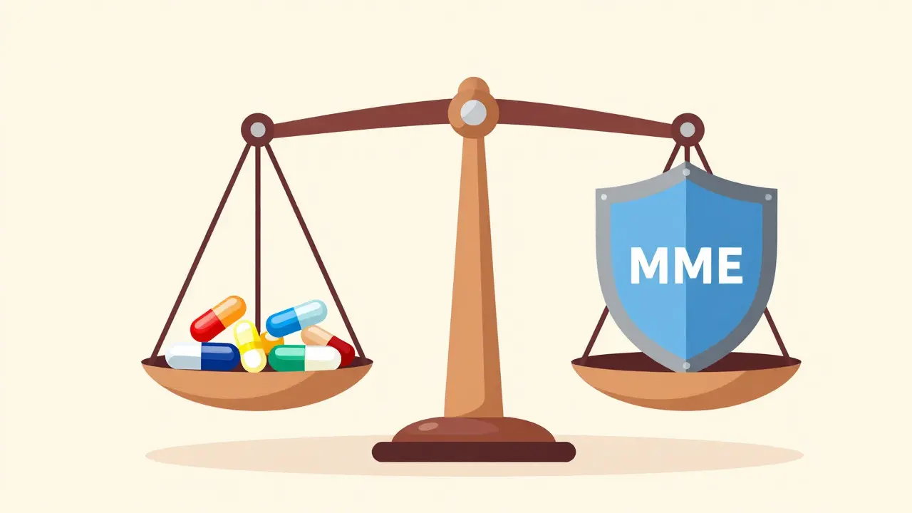 Conceptual scale balancing opioid pills against safety shield