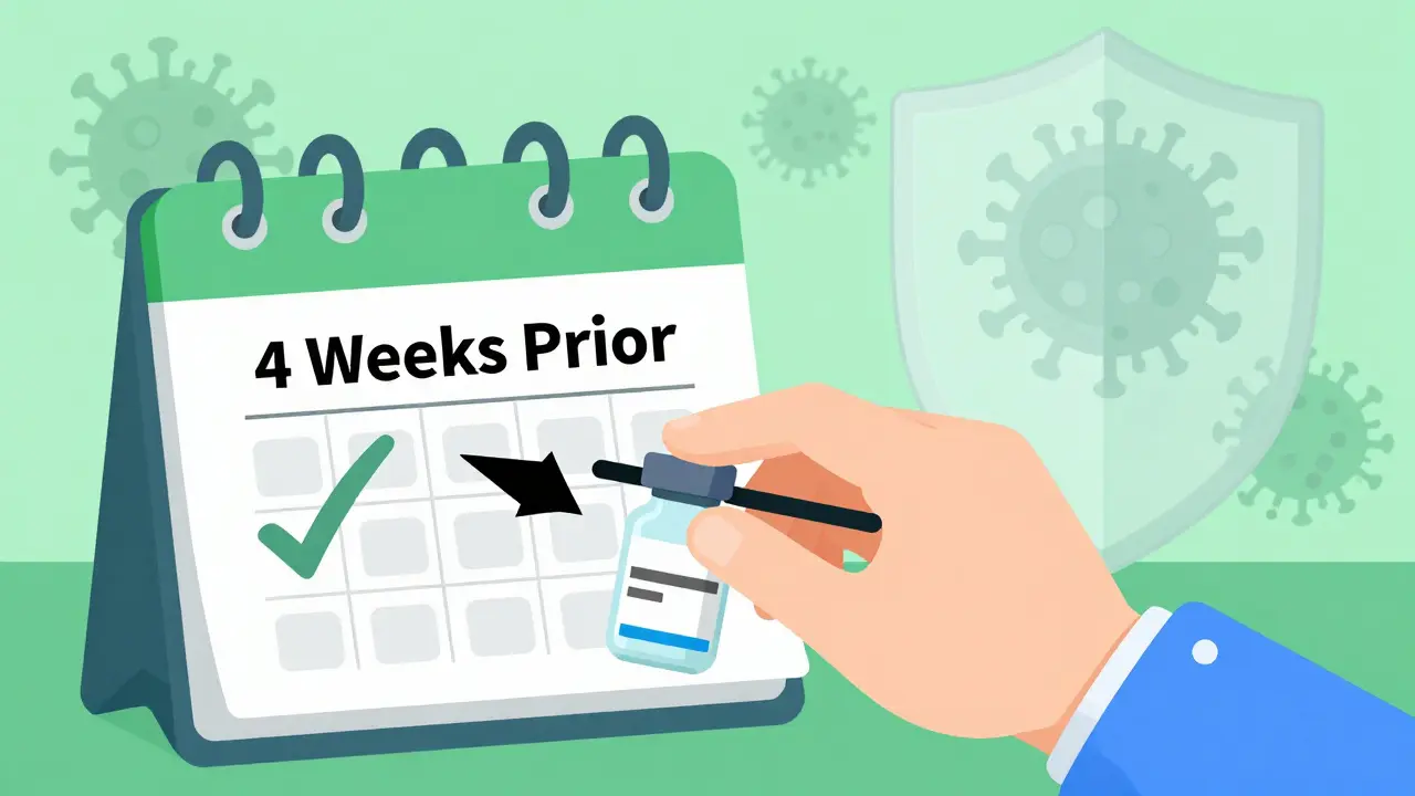 Graphic showing vaccine timing four weeks before starting immunosuppressive therapy.