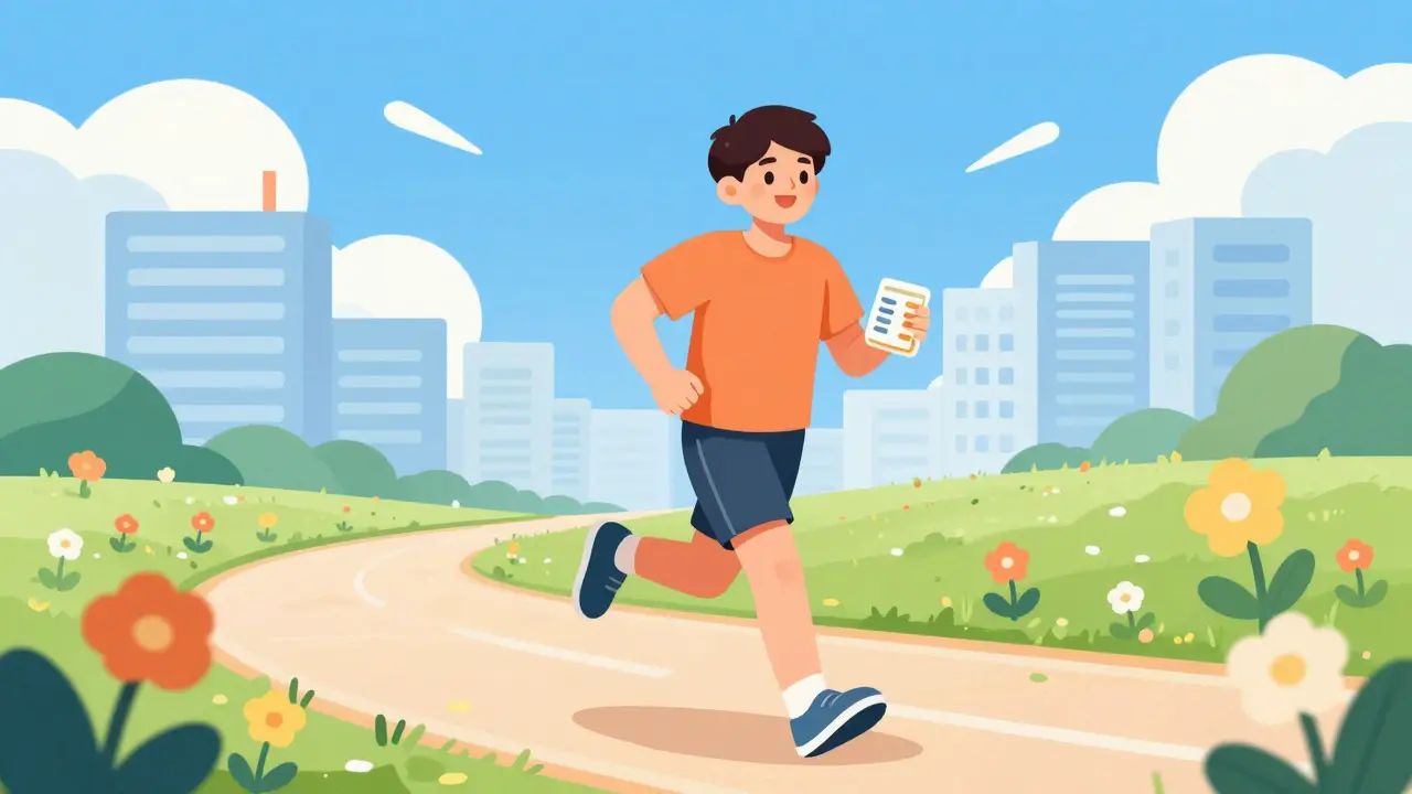 Happy patient jogging with generic meds, avoiding hospital visits