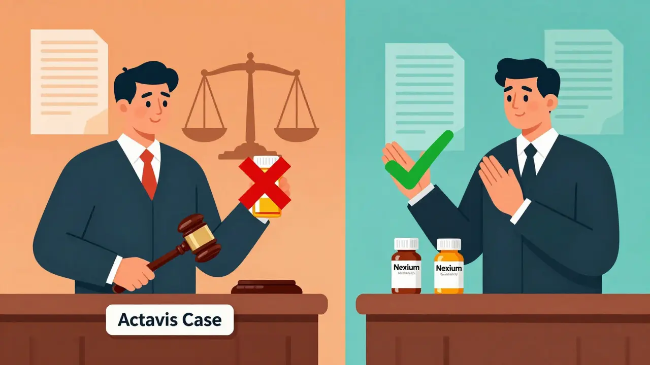 Illustration comparing two court rulings on pharmaceutical product hopping tactics