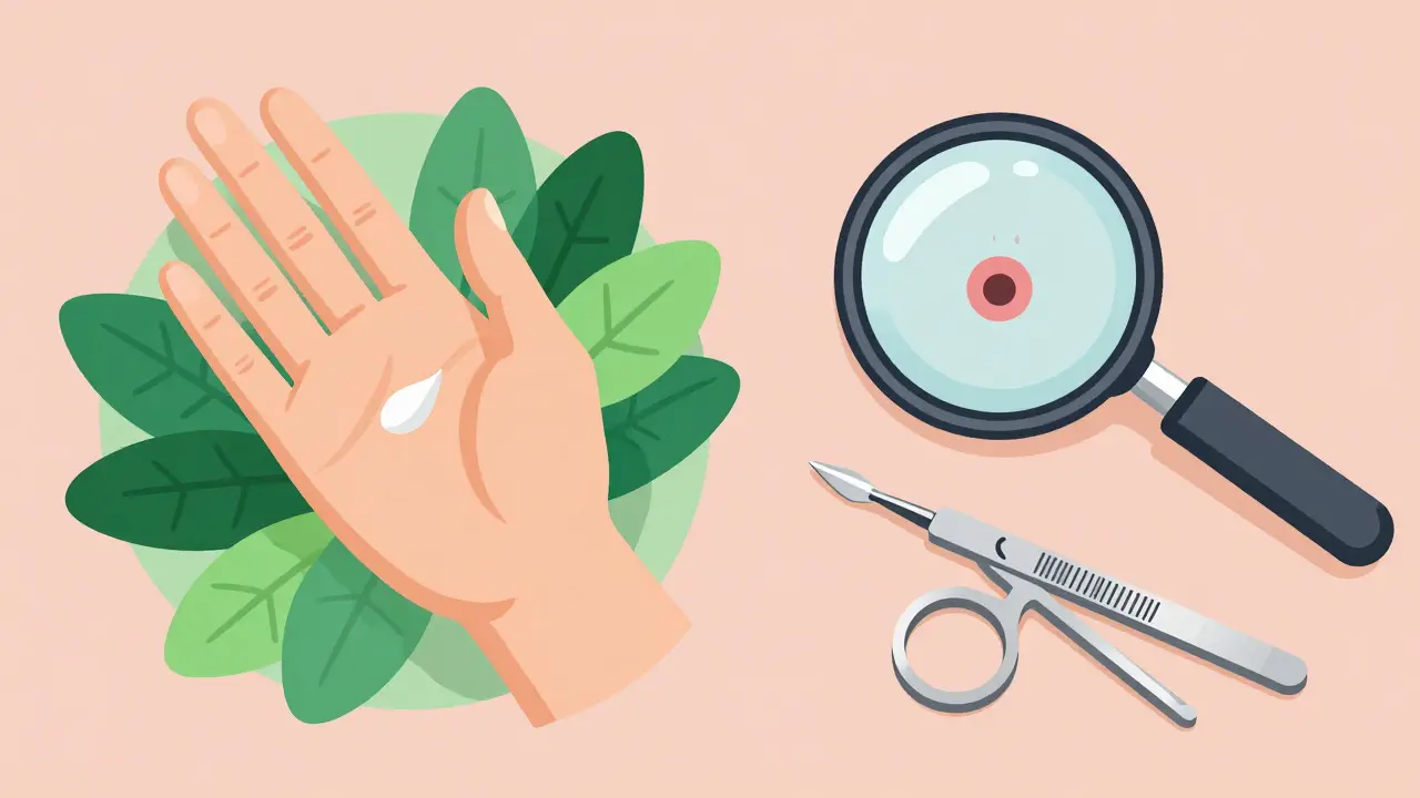 Illustration contrasting topical BCC treatment with surgical SCC removal methods