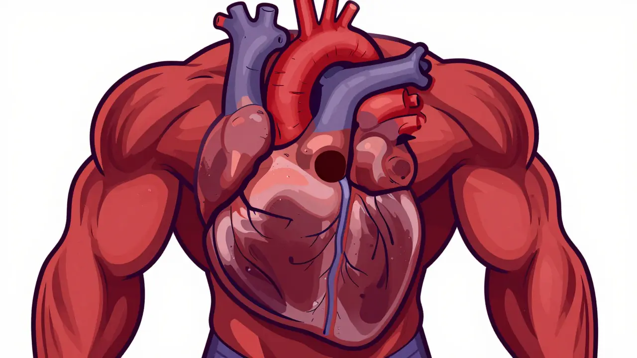 Illustration of a thick-walled heart showing hypertrophic cardiomyopathy