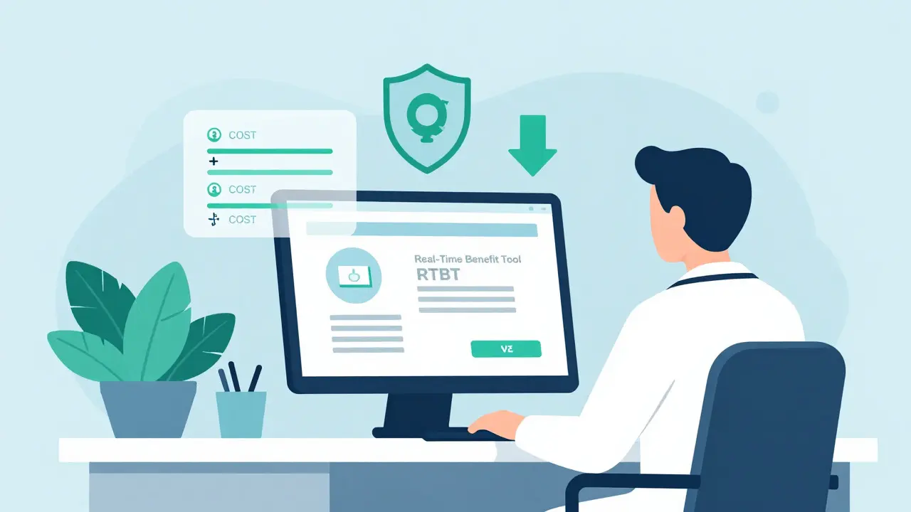 Illustration of doctor using software tool to check real-time drug costs and savings
