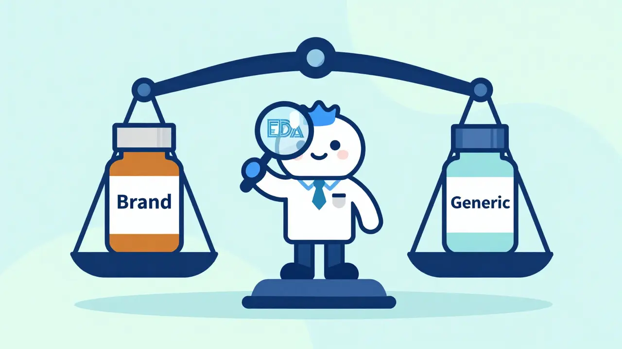 Illustration of FDA ensuring generic drugs are equivalent to brand names