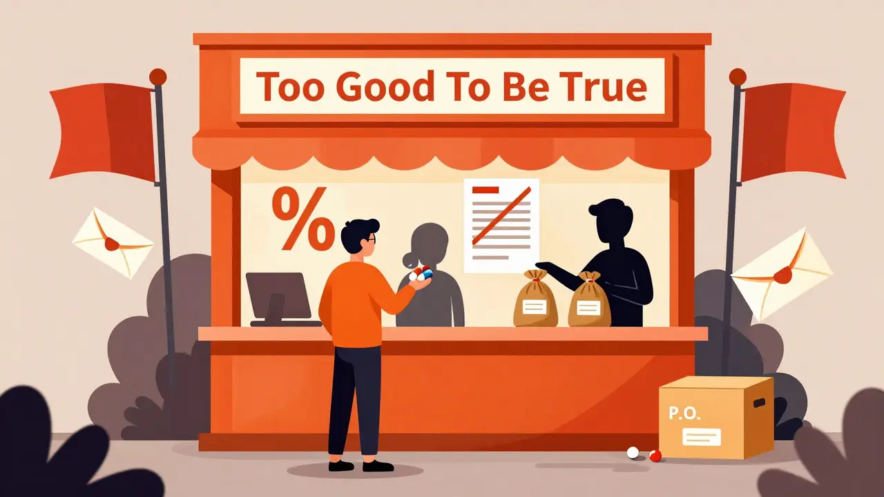 Illustration of scam pharmacy red flags like fake discounts and data theft