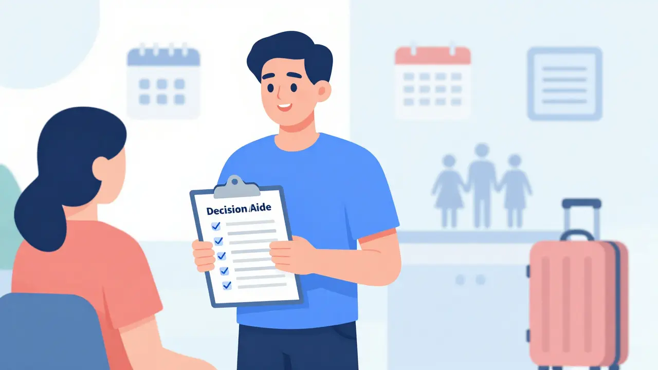 Patient preparing for appointment with checklist and decision aids.